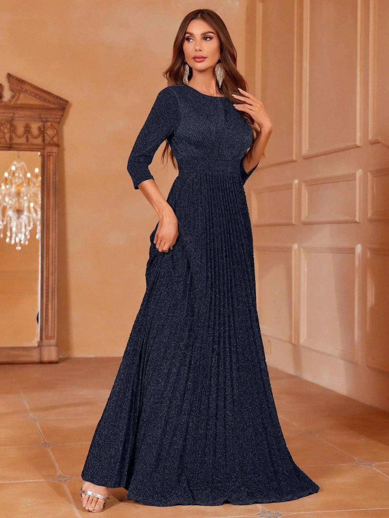 Glitter 3/4 Sleeves Pleated A Line Dress