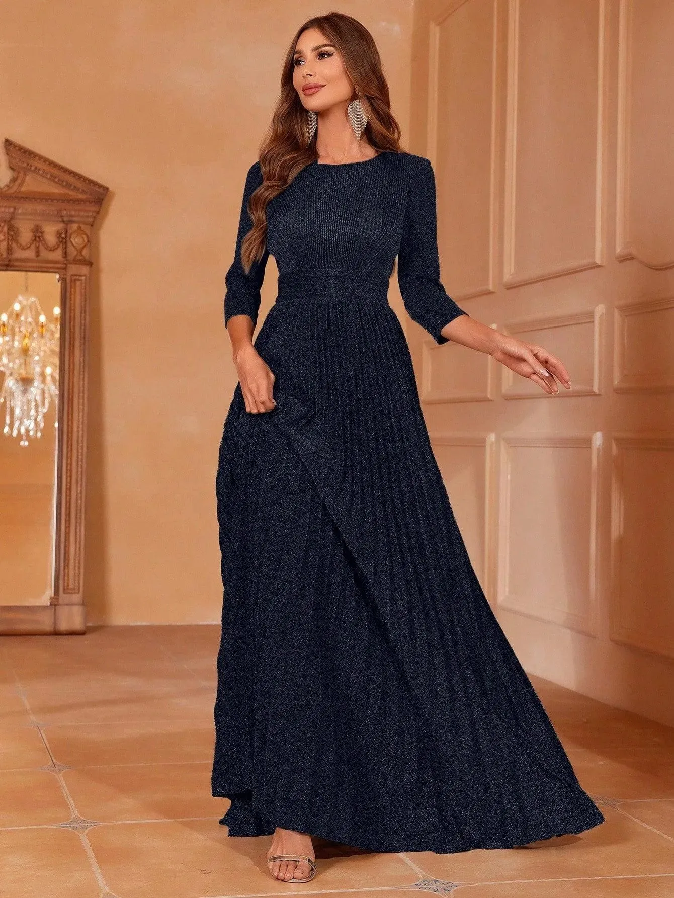 Glitter 3/4 Sleeves Pleated A Line Dress