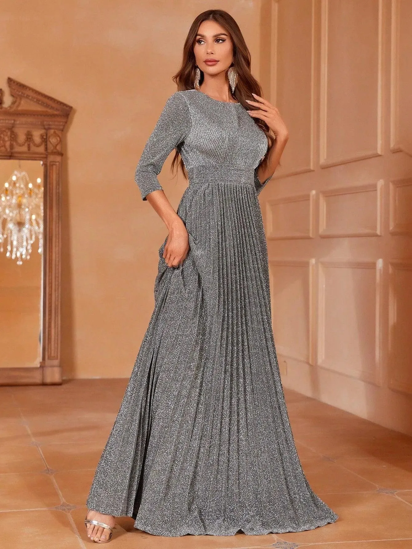 Glitter 3/4 Sleeves Pleated A Line Dress