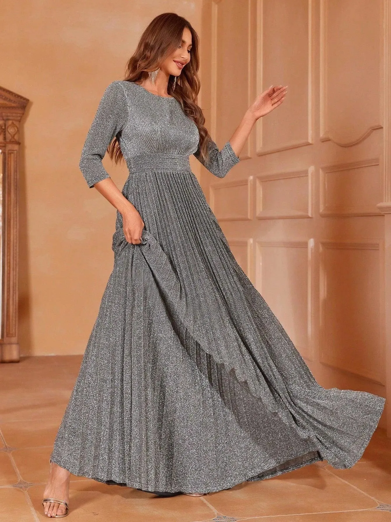 Glitter 3/4 Sleeves Pleated A Line Dress