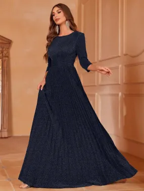 Glitter 3/4 Sleeves Pleated A Line Dress