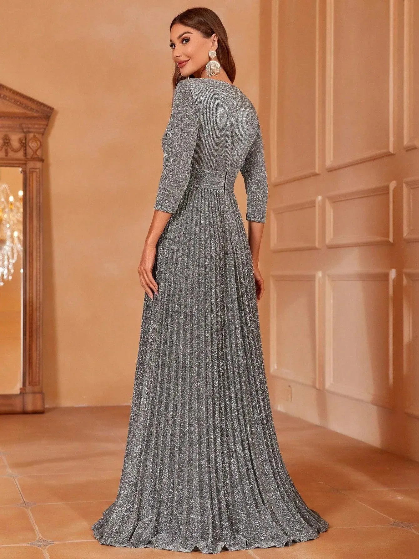 Glitter 3/4 Sleeves Pleated A Line Dress