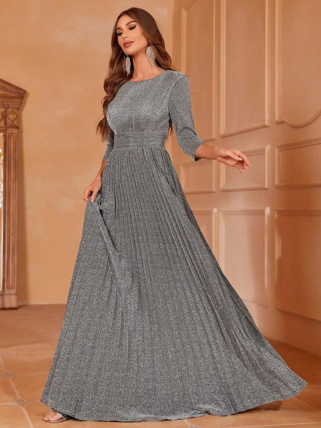 Glitter 3/4 Sleeves Pleated A Line Dress