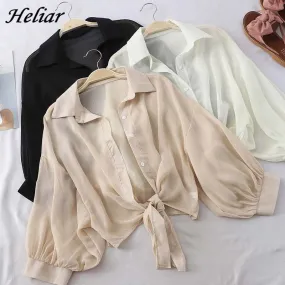 HELIAR Lantern Sleeve Chiffon Shirts Women 2020 Summer Buttoned Up Shirt Long Sleeve Blouse Tied Waist Elegant Women Blouses