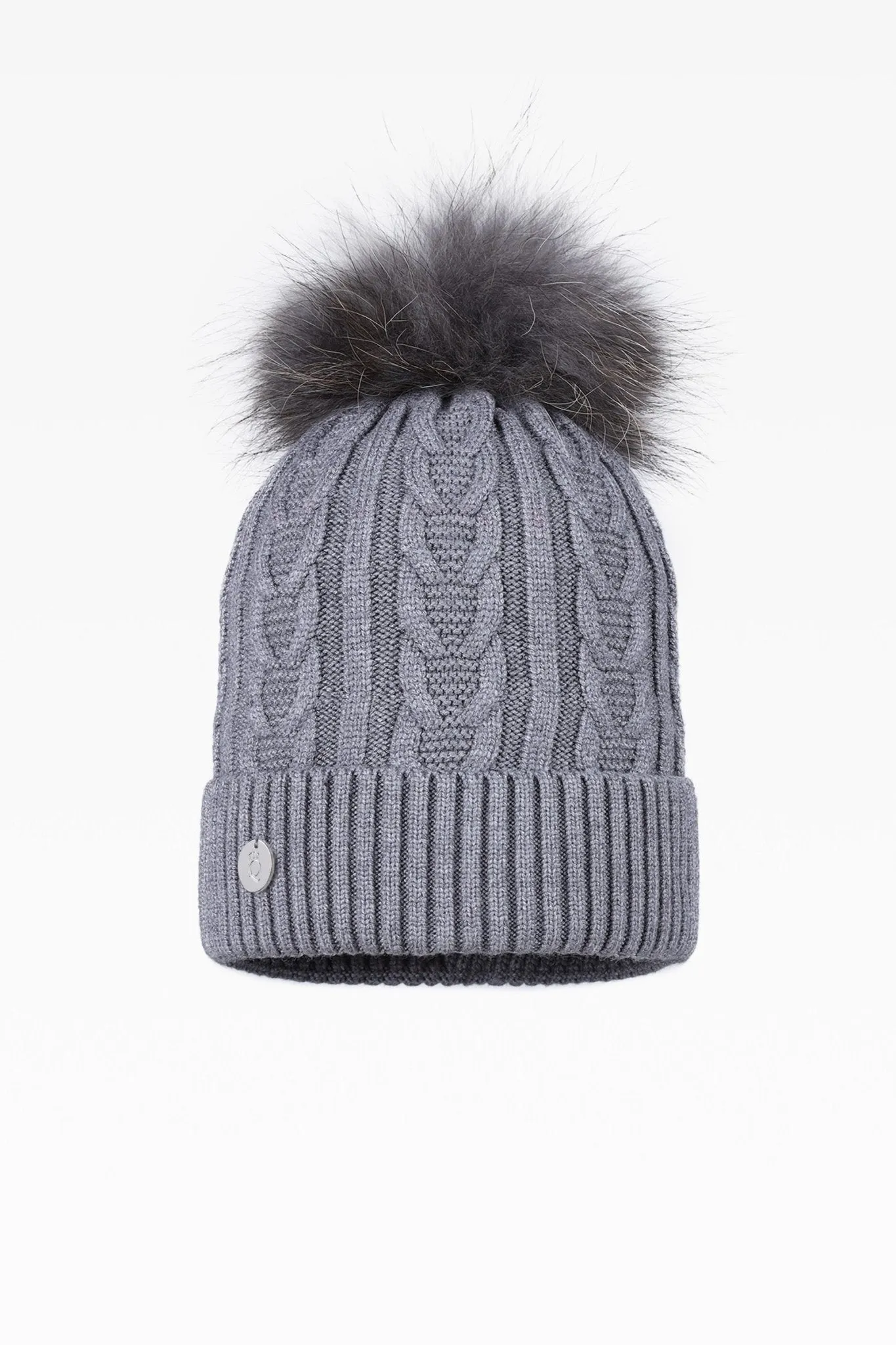 Jamie Cable Pom Pom Hat with Fleece Band - Real Fur