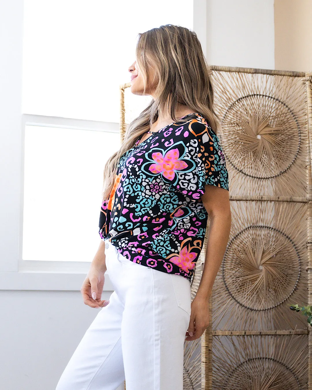 Joanna Black Floral and Leopard Keyhole Top FINAL SALE