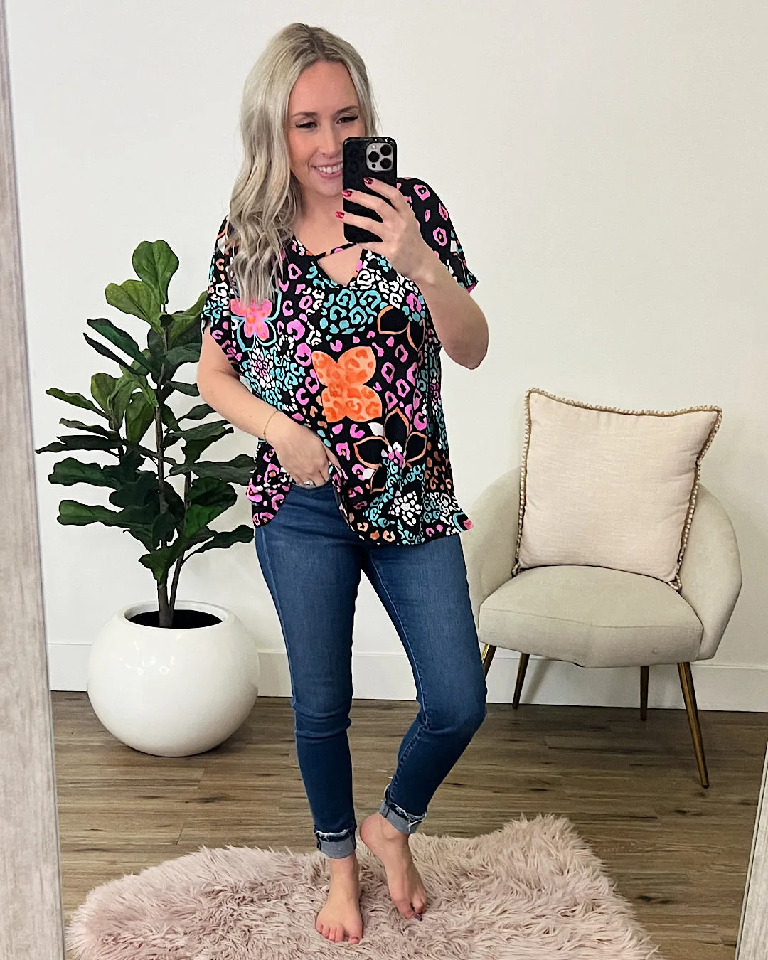 Joanna Black Floral and Leopard Keyhole Top FINAL SALE