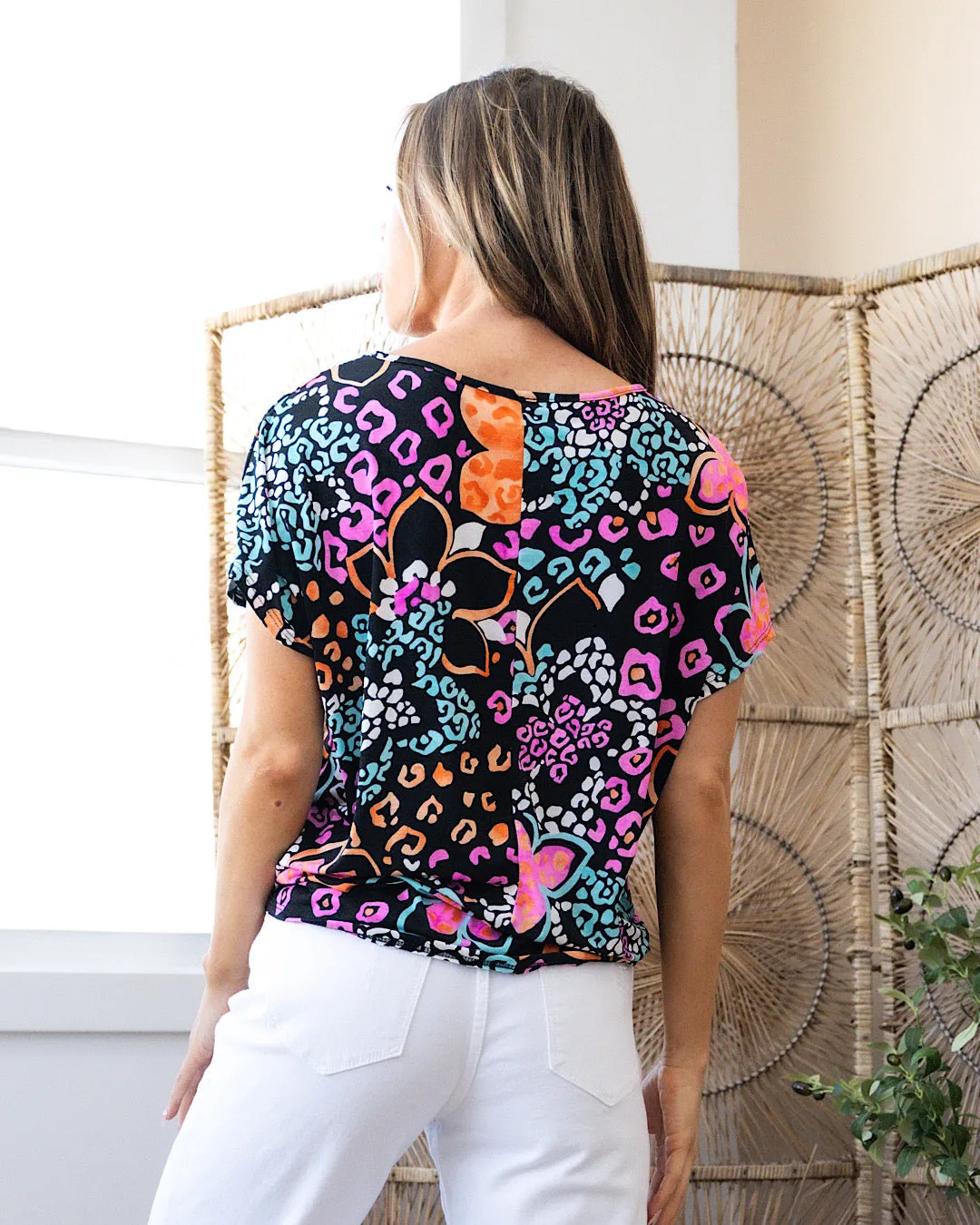 Joanna Black Floral and Leopard Keyhole Top FINAL SALE