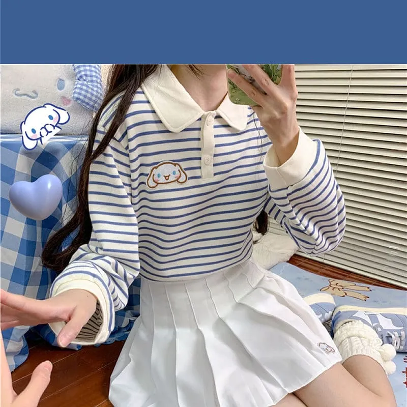 Kawaii Girls Sweet Cinnamoroll Striped Polo Shirt