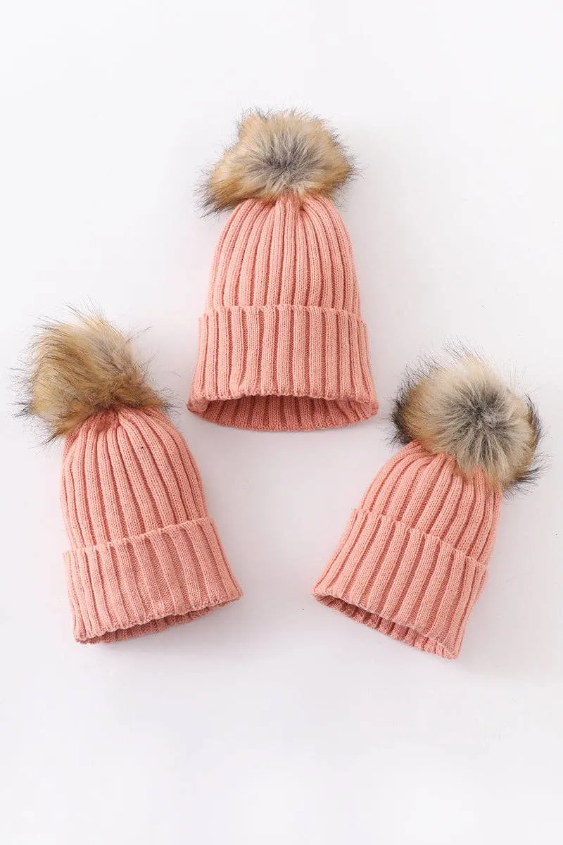 Knit Pom Pom Beanie Kids/Adults | Coral Pink