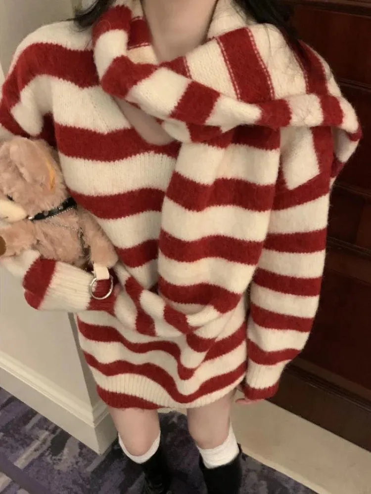 LANFUBEISI Furry Chic Winter Pullovers Women Red Striped Sweet Soft Knitted Girls Classic Basic Vintage Sweaters All-match O-neck Aesthetic