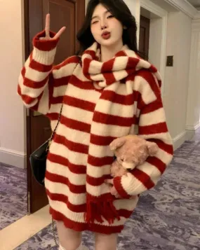 LANFUBEISI Furry Chic Winter Pullovers Women Red Striped Sweet Soft Knitted Girls Classic Basic Vintage Sweaters All-match O-neck Aesthetic