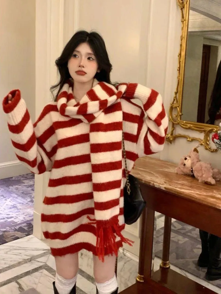 LANFUBEISI Furry Chic Winter Pullovers Women Red Striped Sweet Soft Knitted Girls Classic Basic Vintage Sweaters All-match O-neck Aesthetic