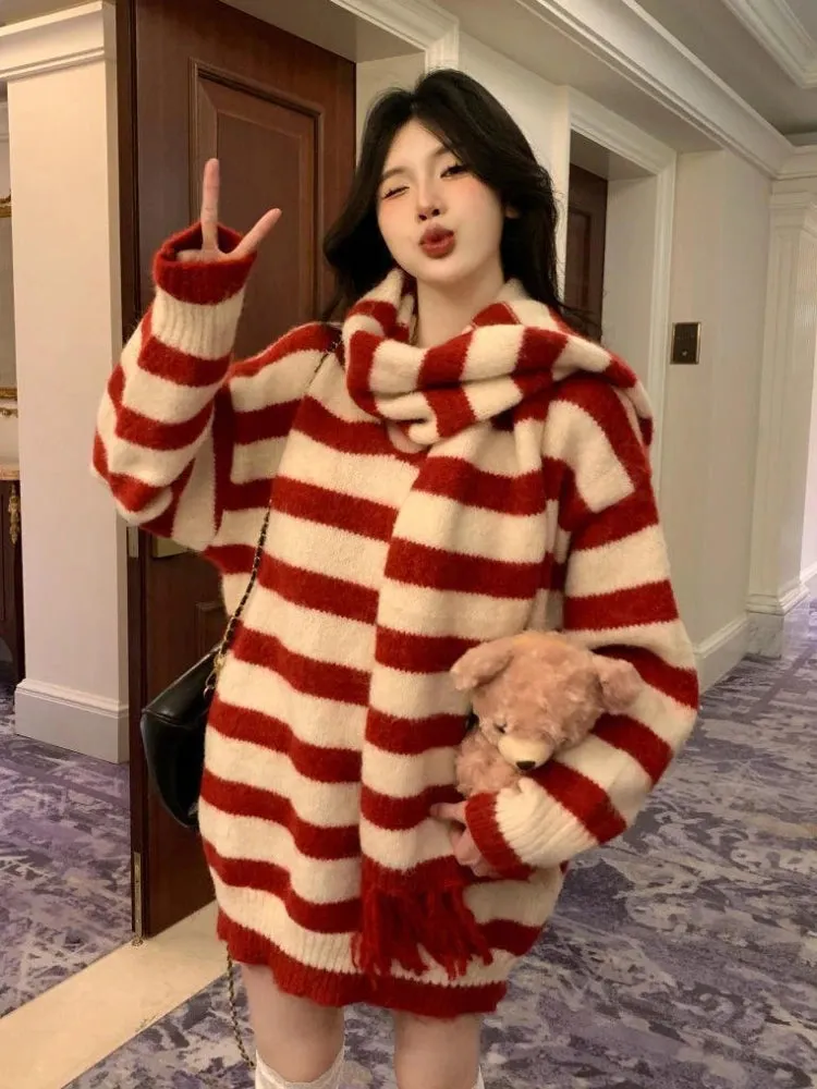 LANFUBEISI Furry Chic Winter Pullovers Women Red Striped Sweet Soft Knitted Girls Classic Basic Vintage Sweaters All-match O-neck Aesthetic