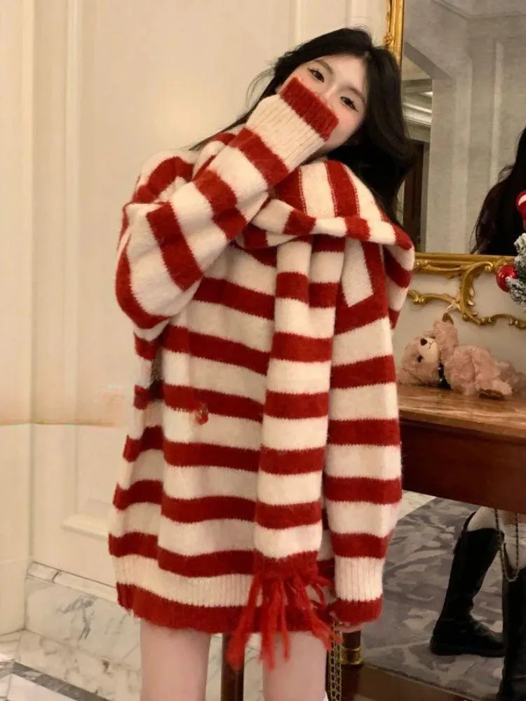 LANFUBEISI Furry Chic Winter Pullovers Women Red Striped Sweet Soft Knitted Girls Classic Basic Vintage Sweaters All-match O-neck Aesthetic