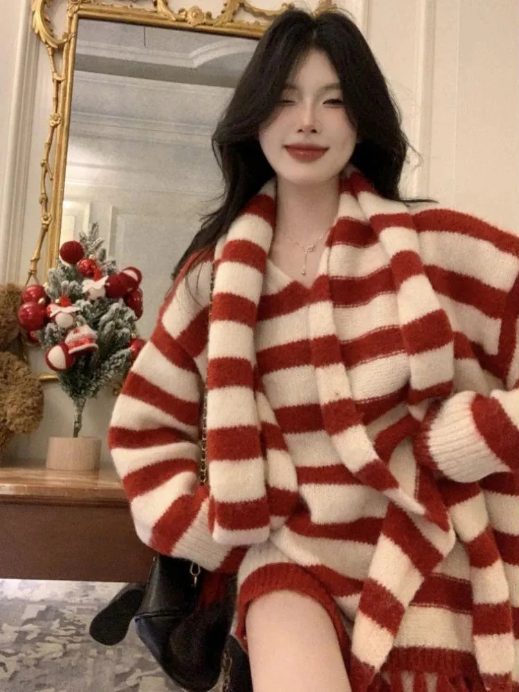LANFUBEISI Furry Chic Winter Pullovers Women Red Striped Sweet Soft Knitted Girls Classic Basic Vintage Sweaters All-match O-neck Aesthetic