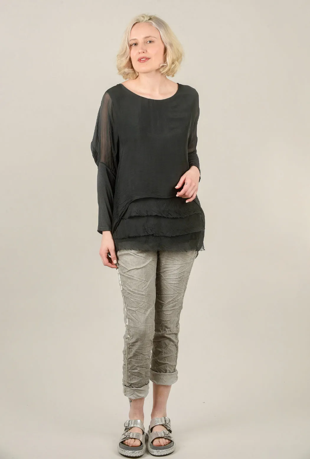 Layered Ruffle-Hem Silk Blouse, Charcoal