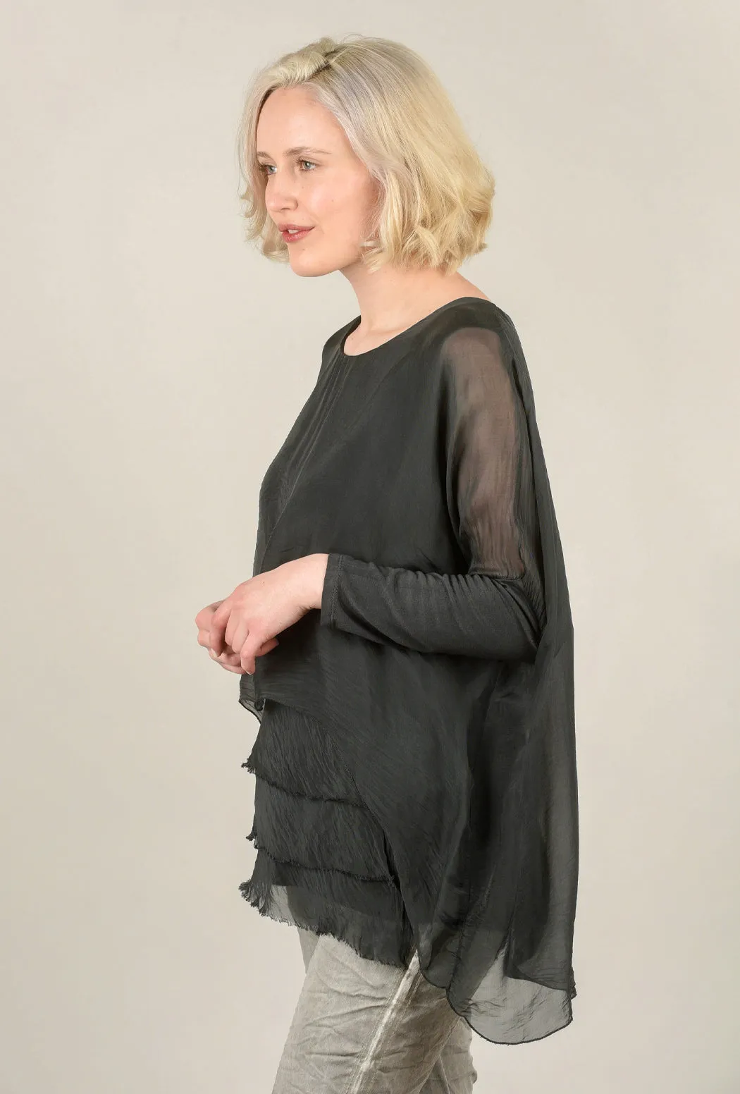 Layered Ruffle-Hem Silk Blouse, Charcoal