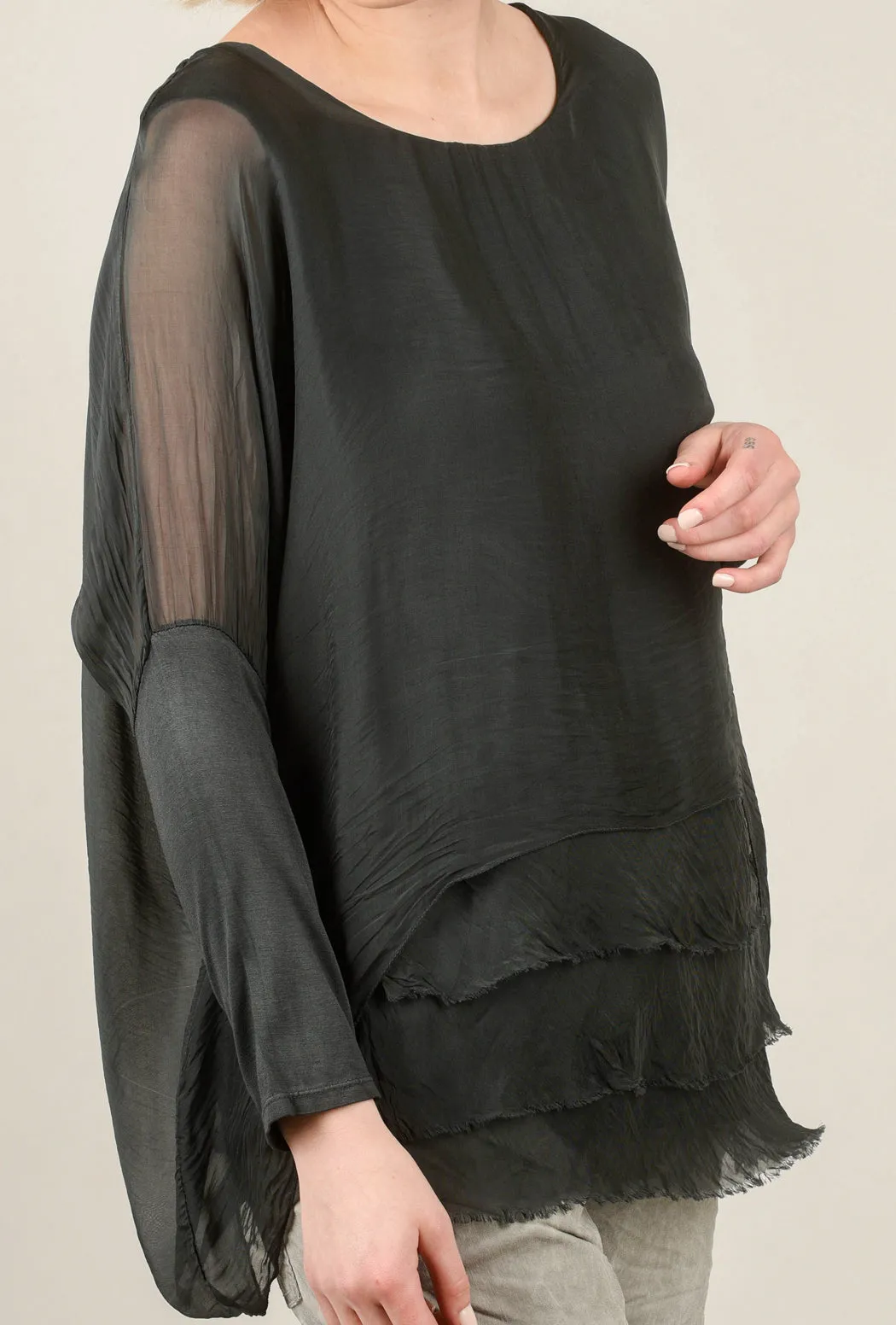 Layered Ruffle-Hem Silk Blouse, Charcoal