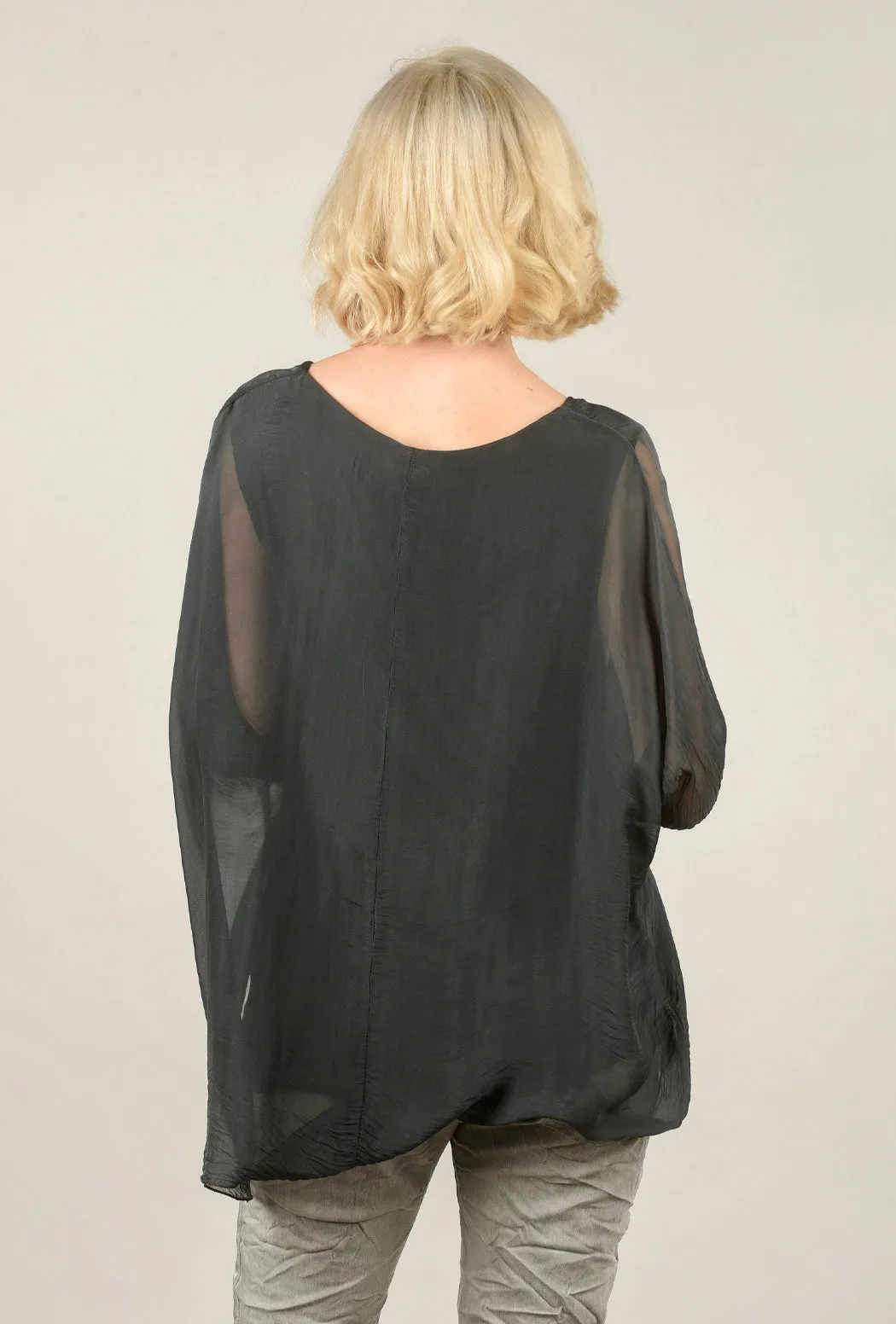 Layered Ruffle-Hem Silk Blouse, Charcoal