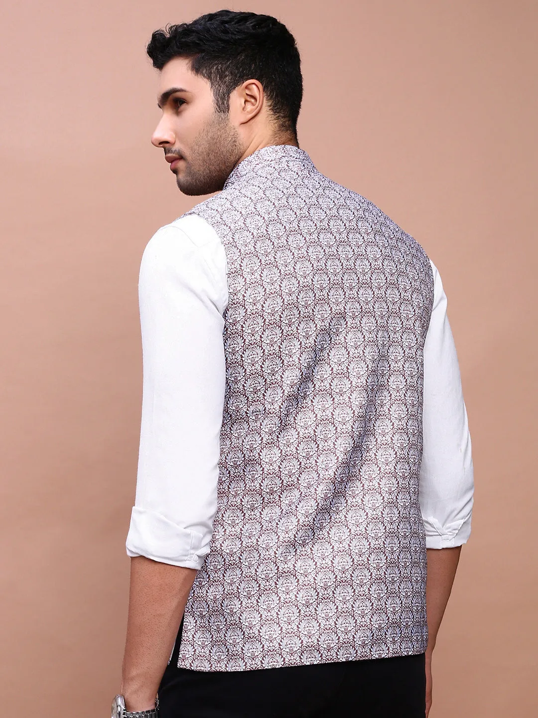 Men Printed Brown Slim Fit Nehru Jacket