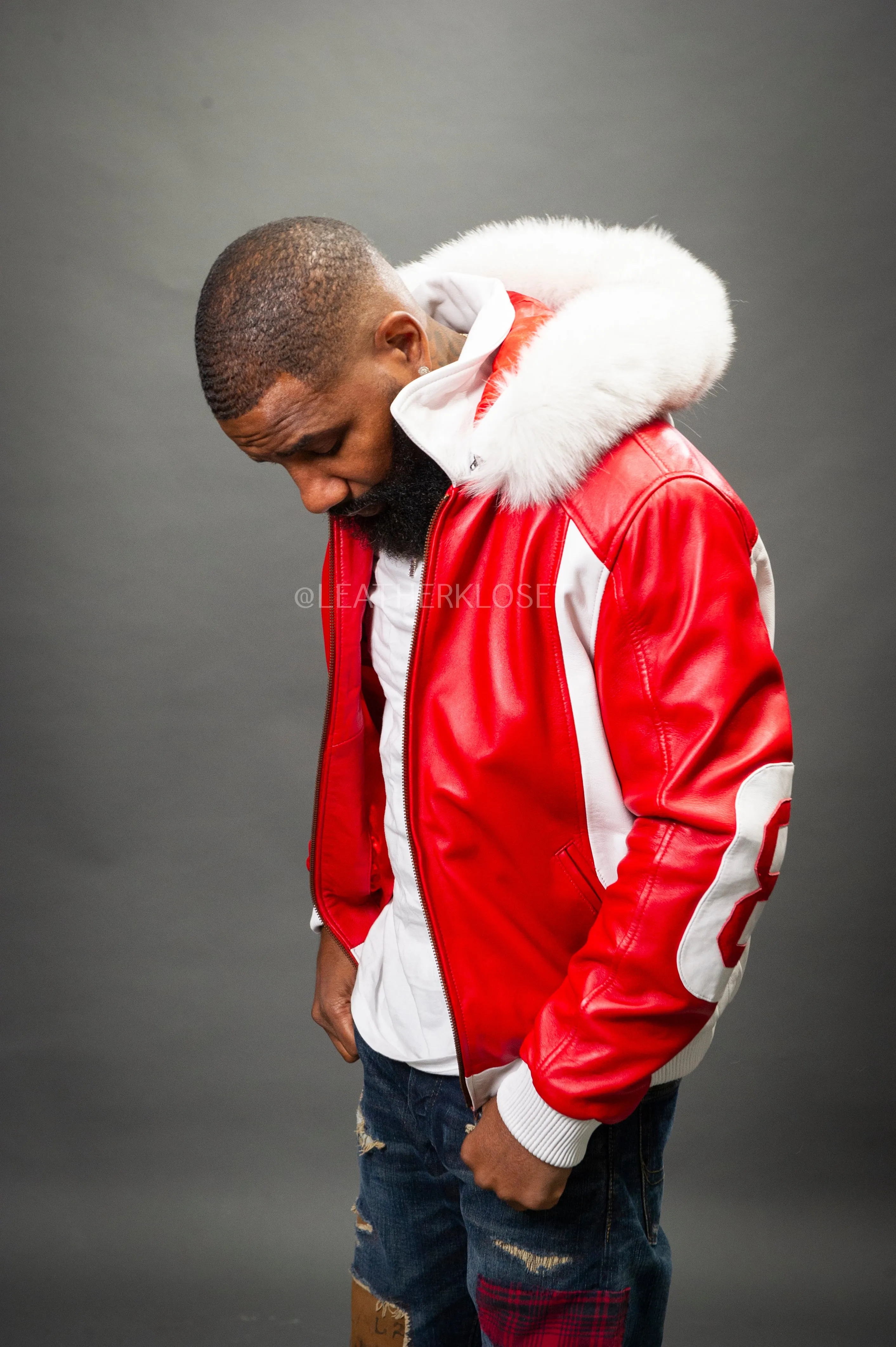 Men's 8 Ball Leather Jacket With Fox Hood [White/Red]