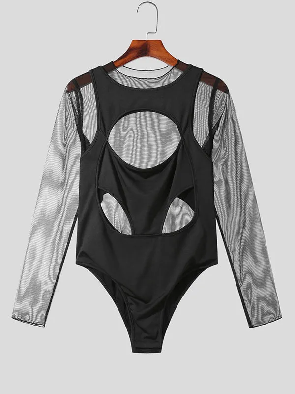 Mens Cutout Mesh Patchwork Long Sleeve Bodysuit SKUK26614