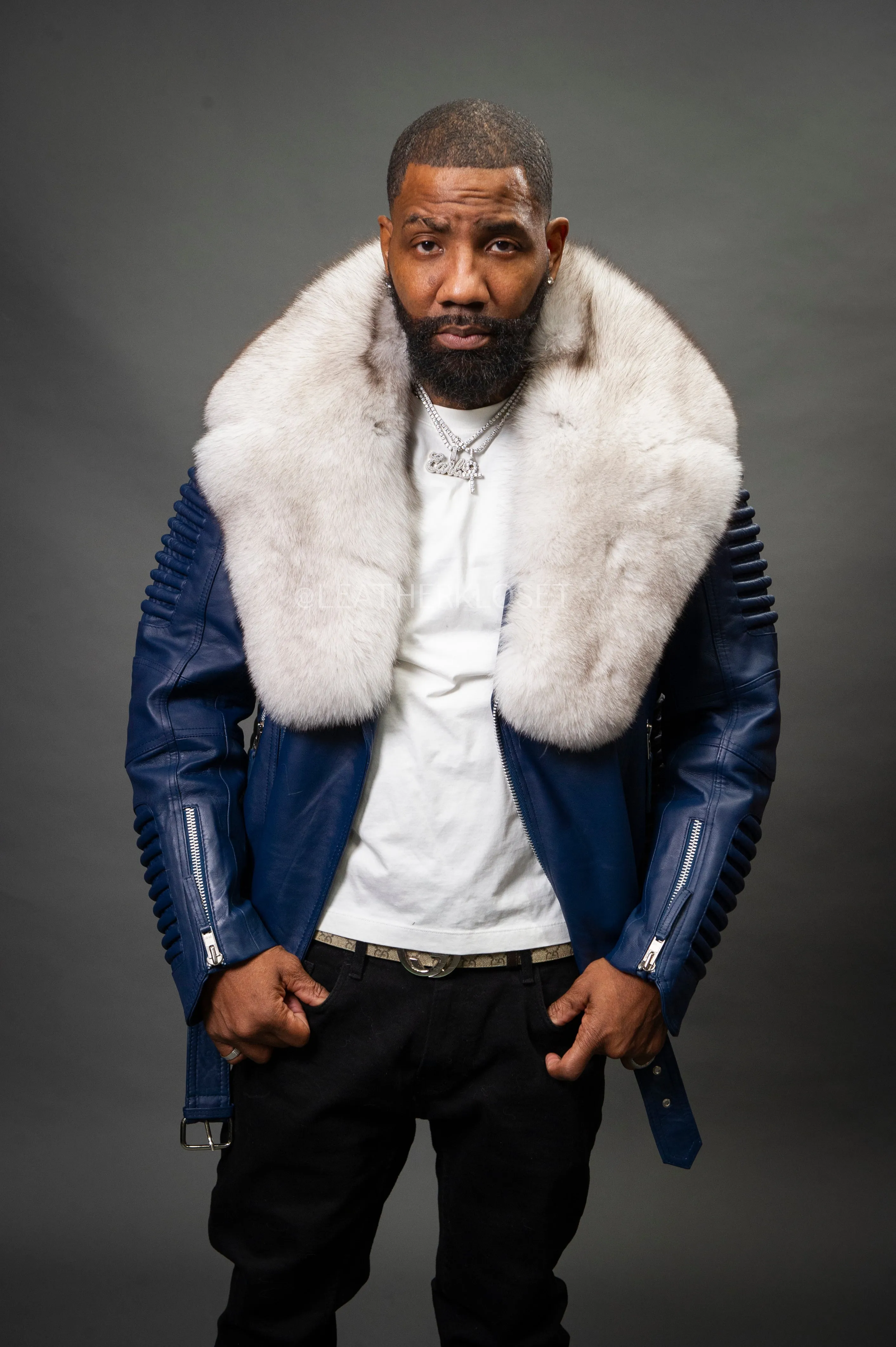 Men's Trey Biker Navy Full Fox Fur Collar [Blue Fox]