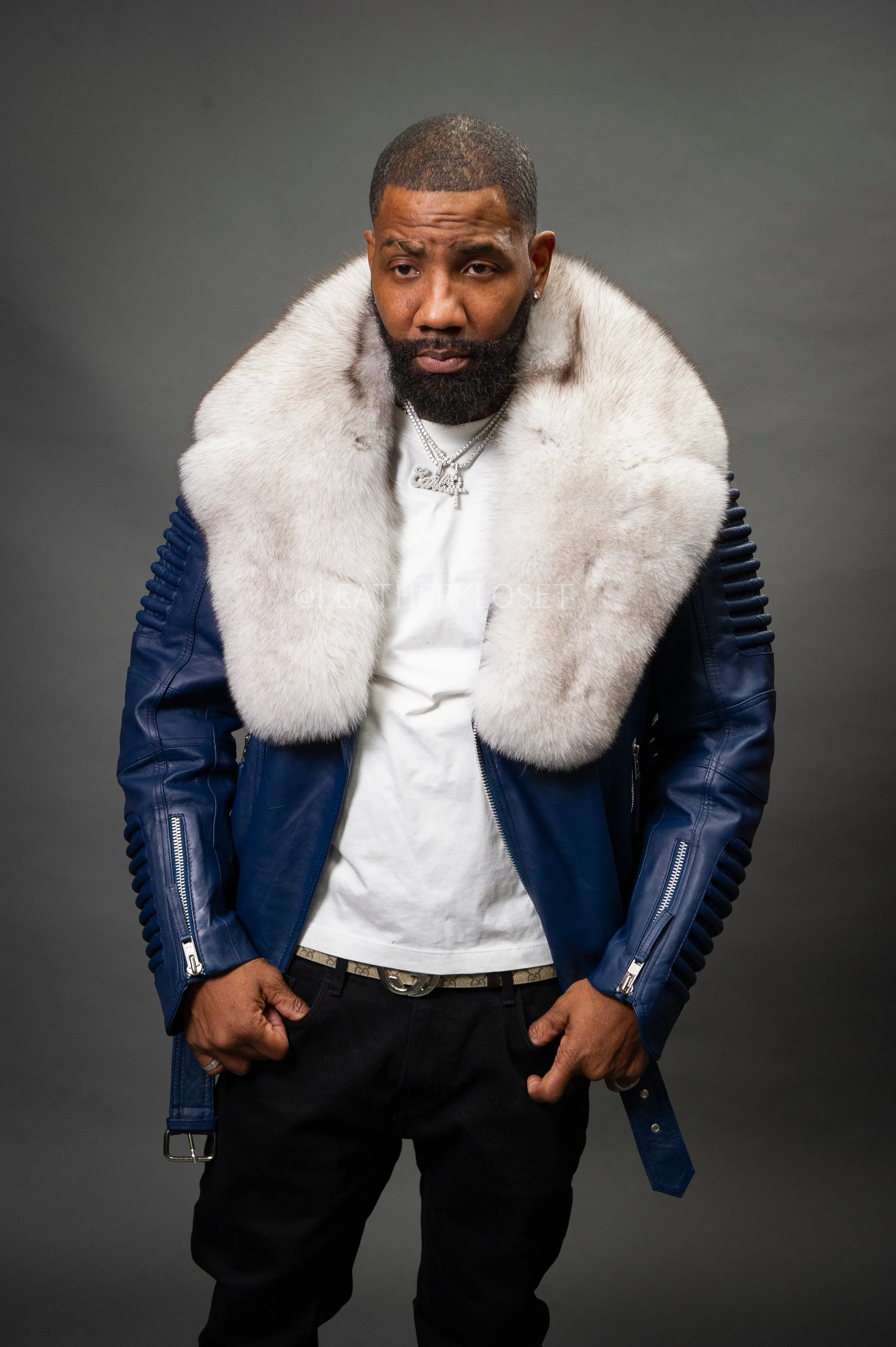 Men's Trey Biker Navy Full Fox Fur Collar [Blue Fox]
