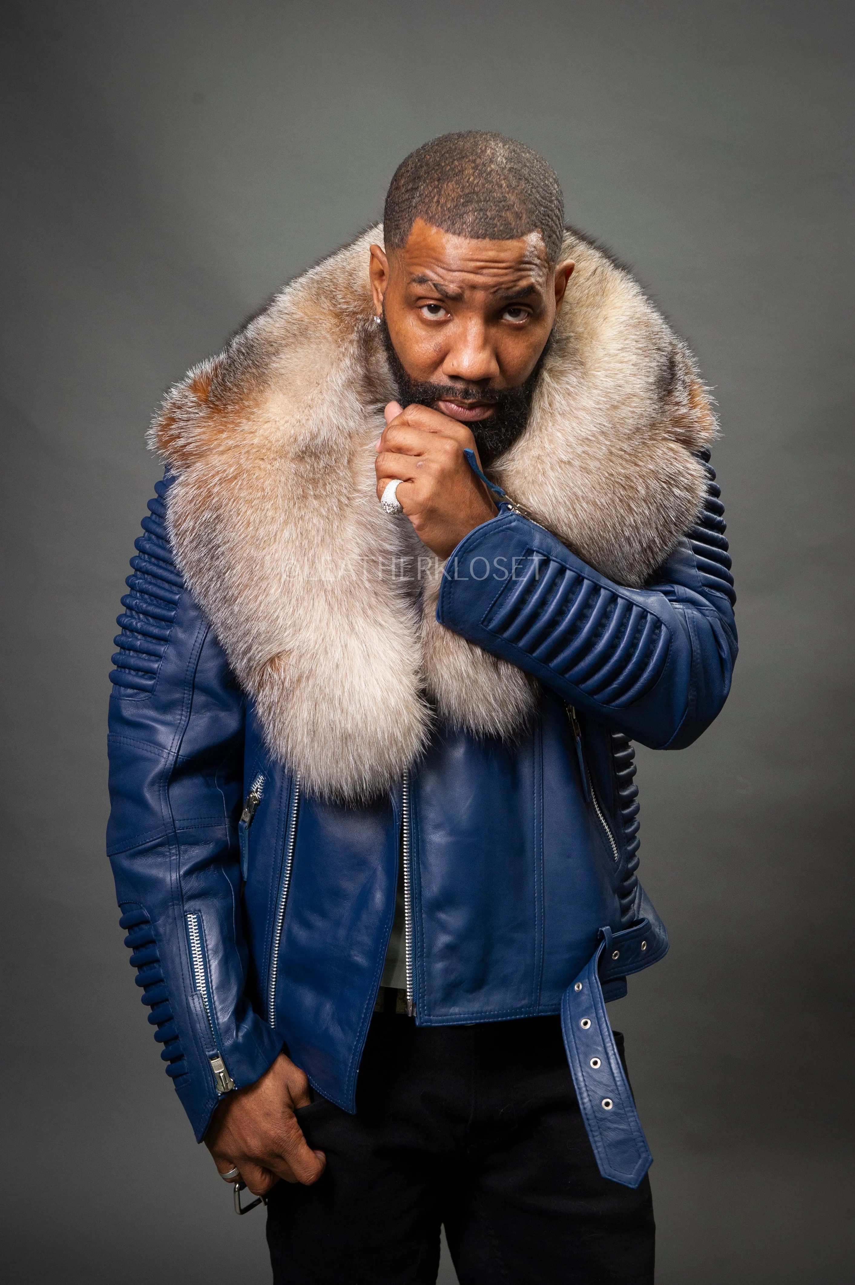 Men's Trey Biker Navy Full Fox Fur Collar [Crystal Fox]