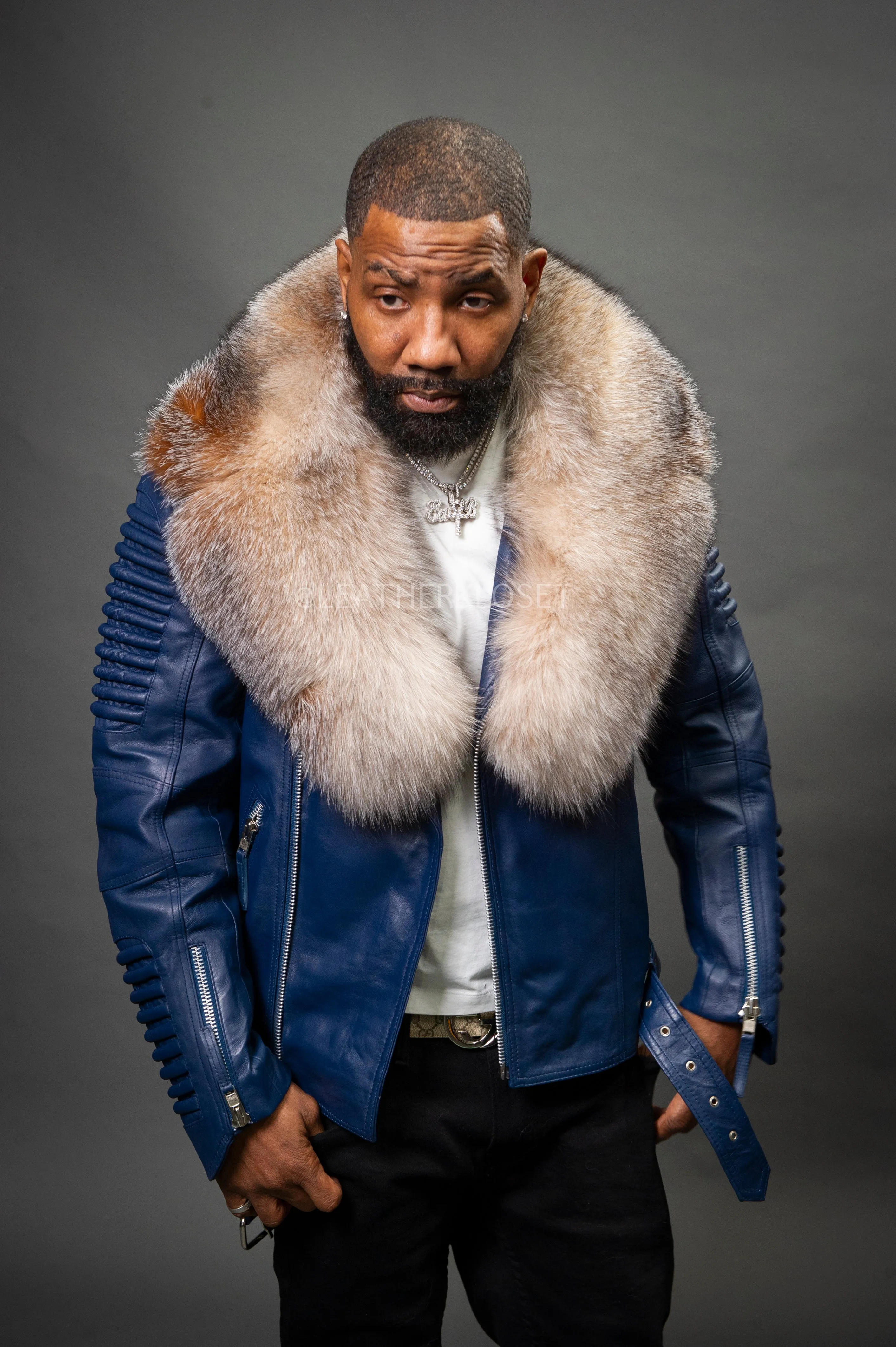 Men's Trey Biker Navy Full Fox Fur Collar [Crystal Fox]