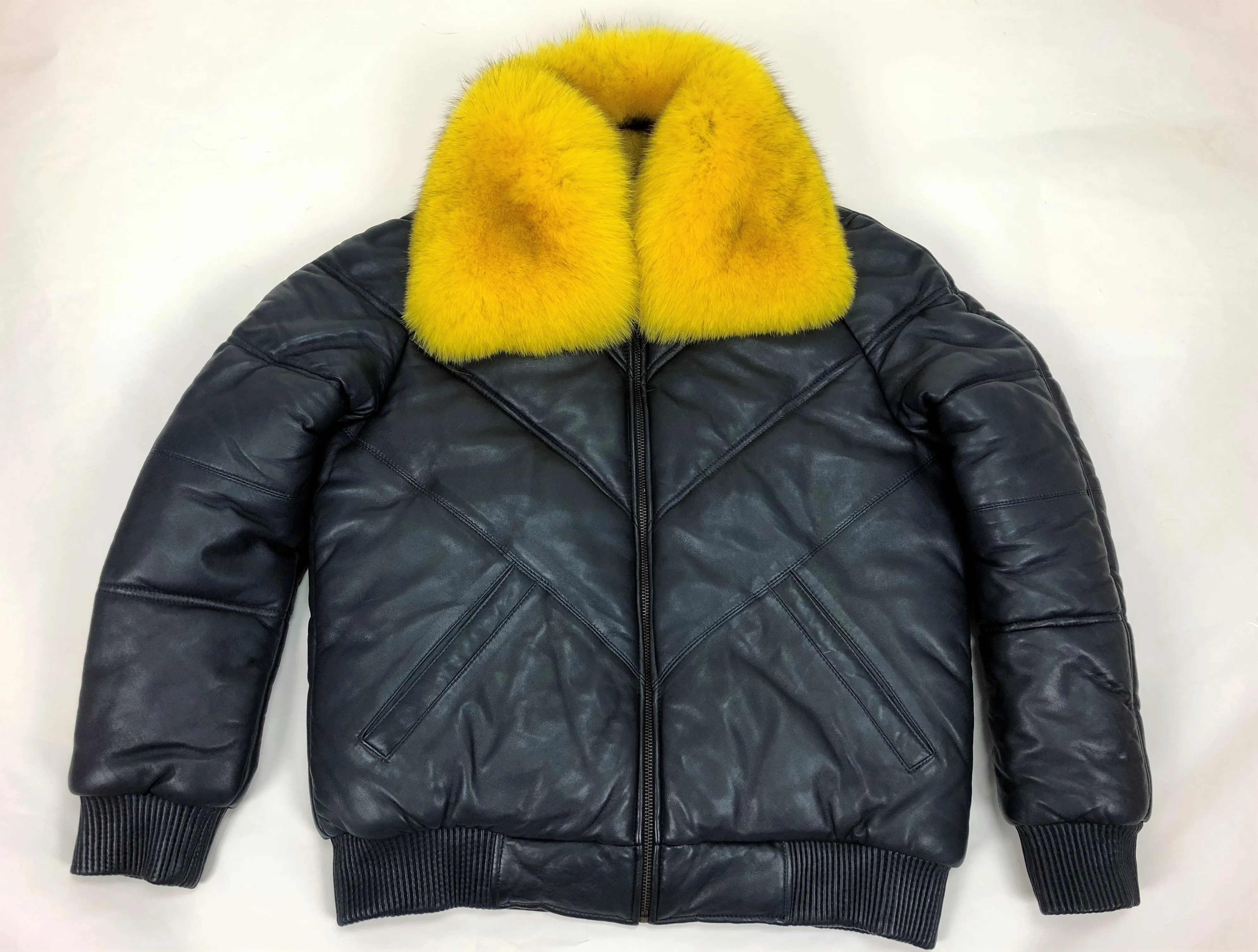 Men's V-Bomber Navy Premium Yellow Fox Collar
