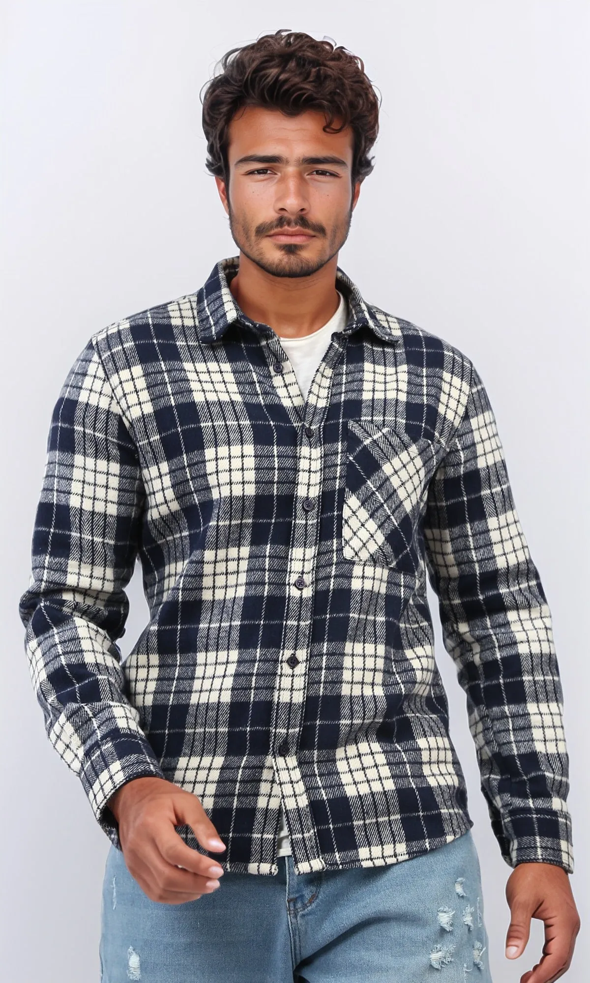 o200603 - Cotton Checkered Side Left Pocket Shirt - Black & White