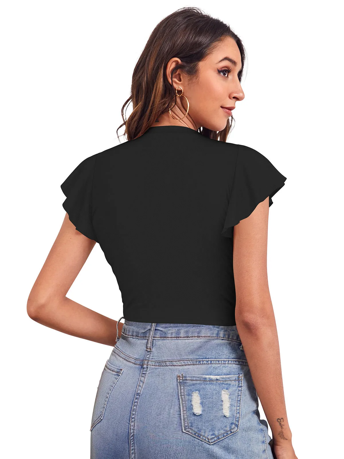 Odette Black Polyester Solid Top For Women