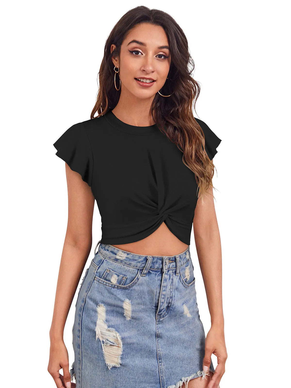 Odette Black Polyester Solid Top For Women