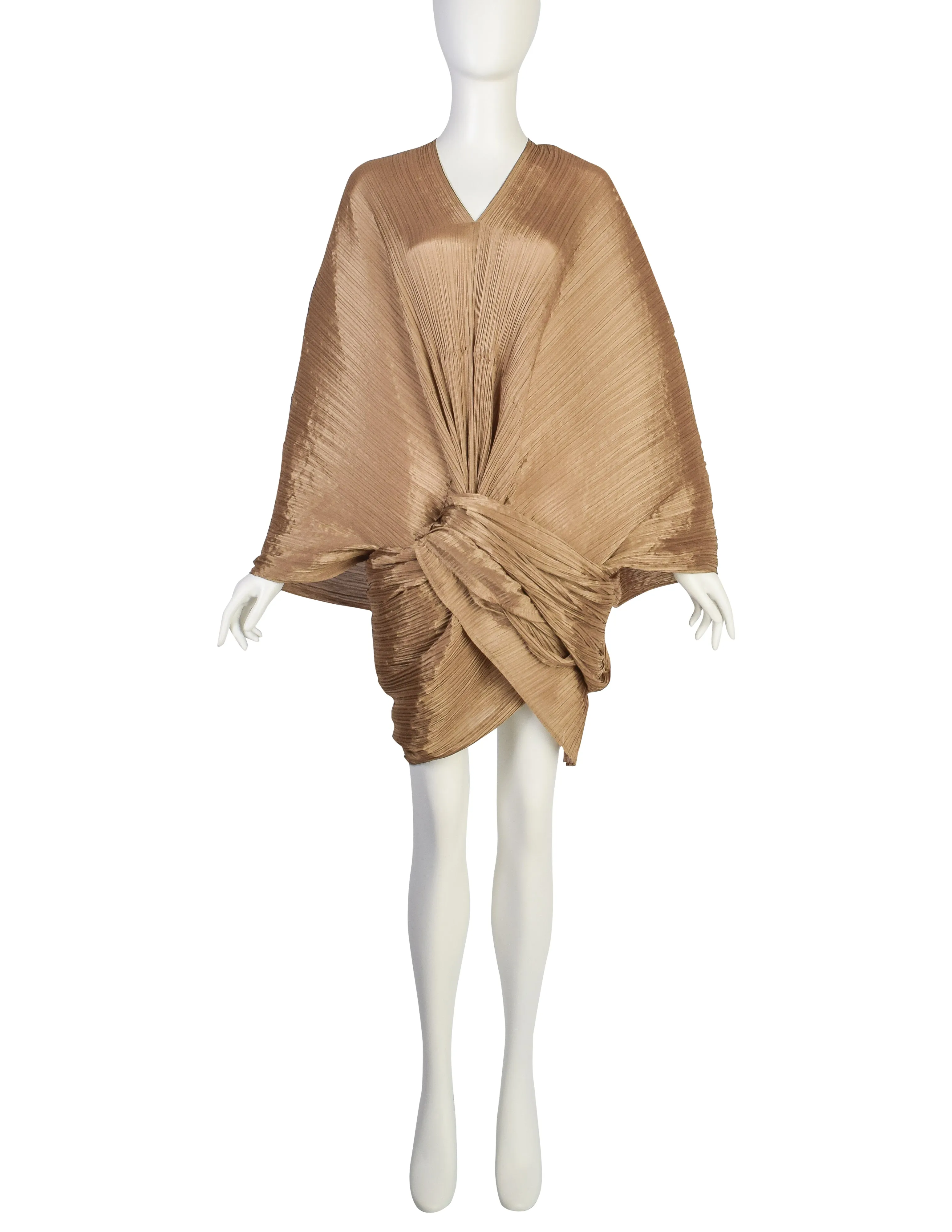 Pleats Please by Issey Miyake Vintage Golden Ochre Dramatic Madame T Wrap Cape Tunic Caftan Dress