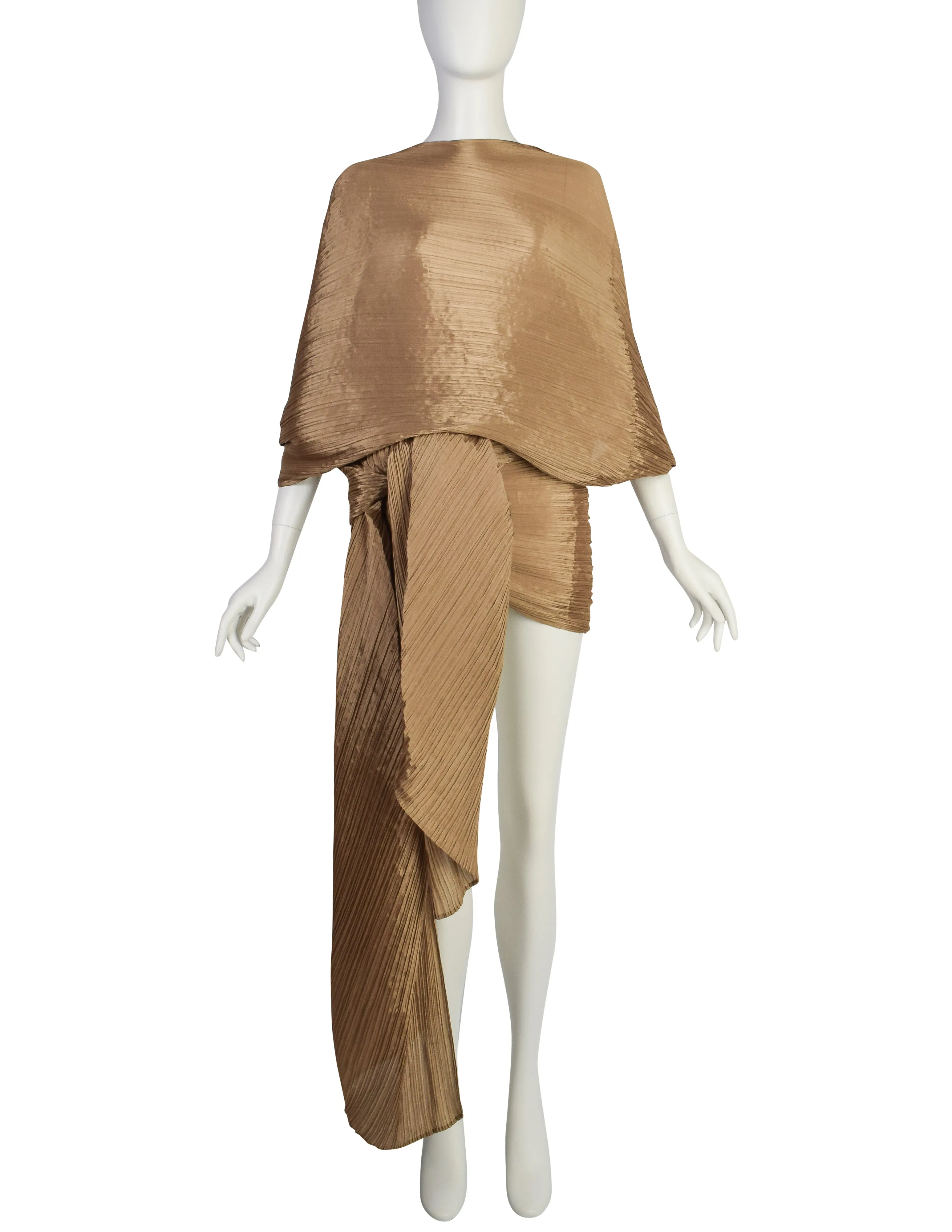 Pleats Please by Issey Miyake Vintage Golden Ochre Dramatic Madame T Wrap Cape Tunic Caftan Dress