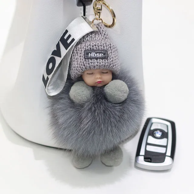 Pompom Sleeping Baby Keychain Cute Fluffy Plush Doll Keychains Women Girl Bags Keyrings Cars Key Ring  Gift Charming  Decoration