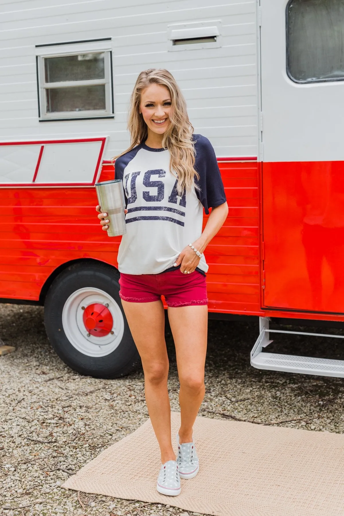 "USA" Graphic Raglan Top- Navy
