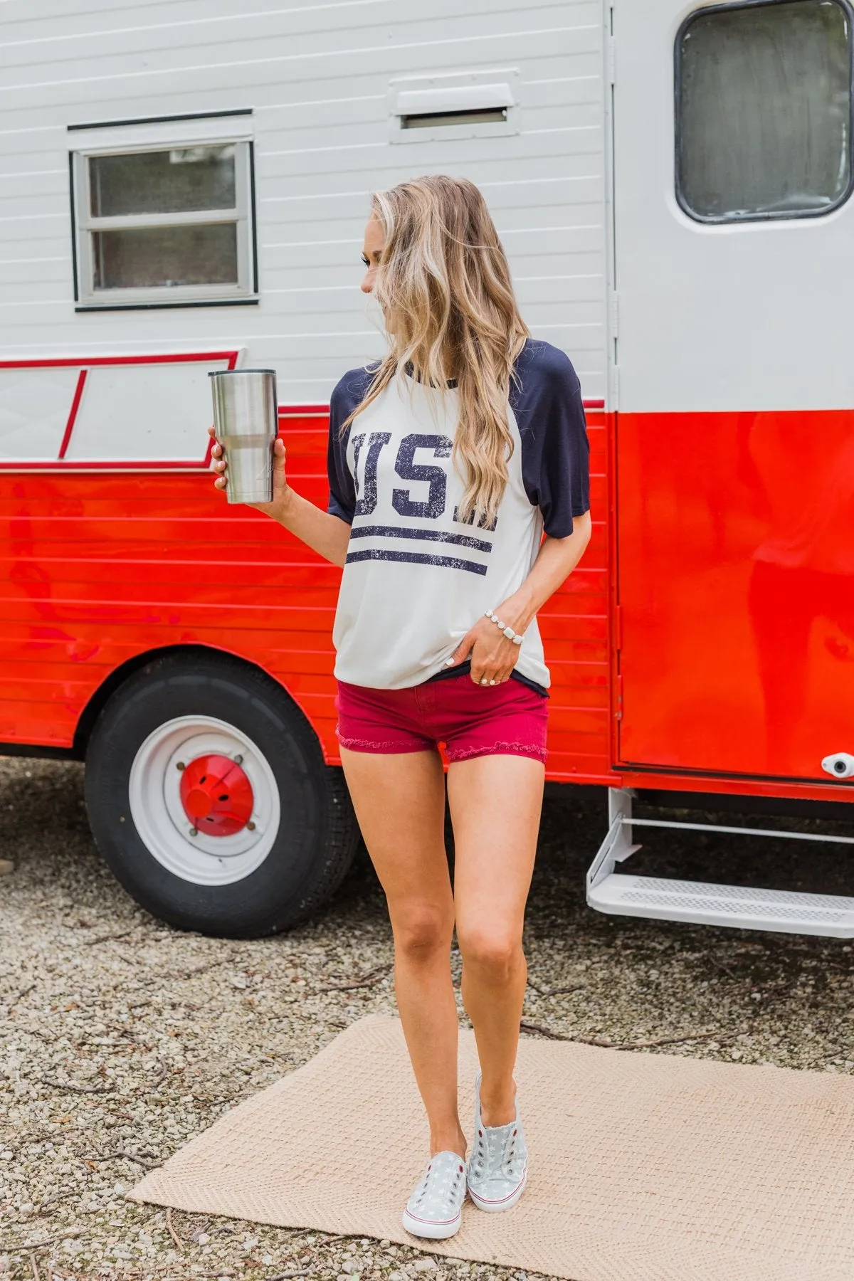 "USA" Graphic Raglan Top- Navy
