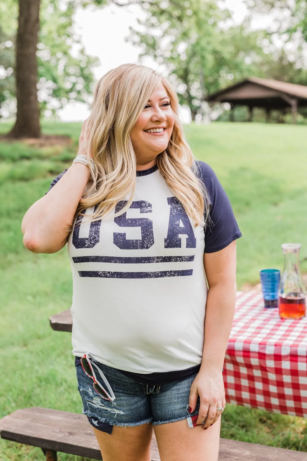 "USA" Graphic Raglan Top- Navy
