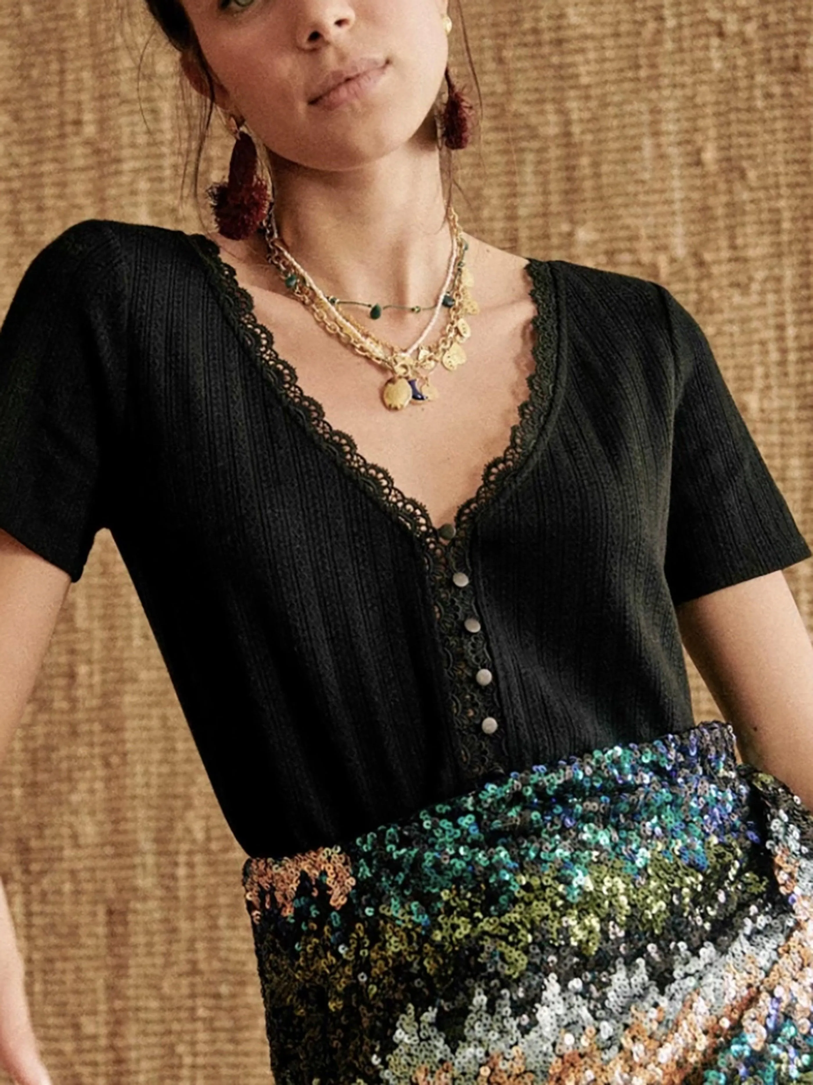 Retro Vintage Lace Patchwork Shirt, Women V Neck Short Sleeve Single Breasted Blouse