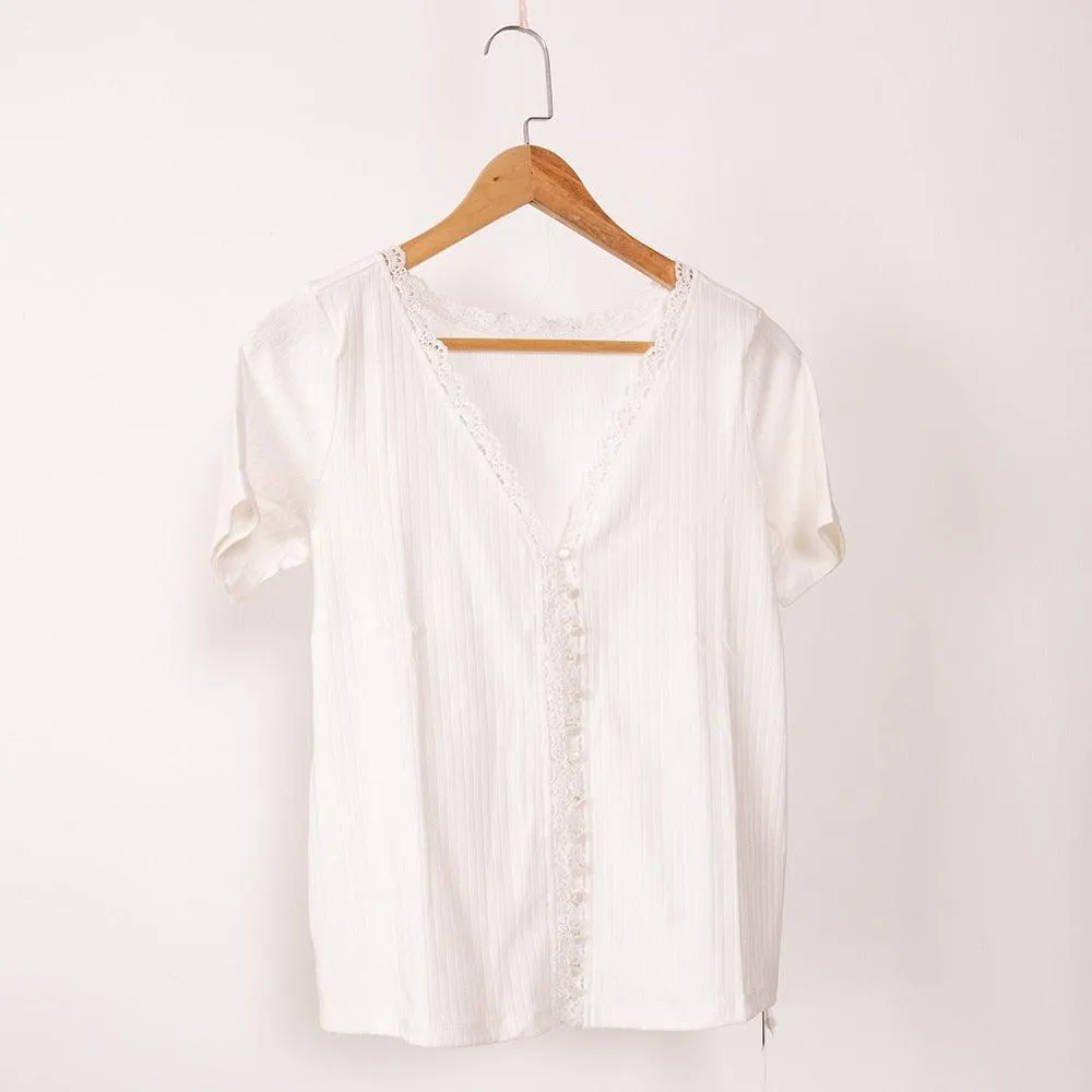Retro Vintage Lace Patchwork Shirt, Women V Neck Short Sleeve Single Breasted Blouse