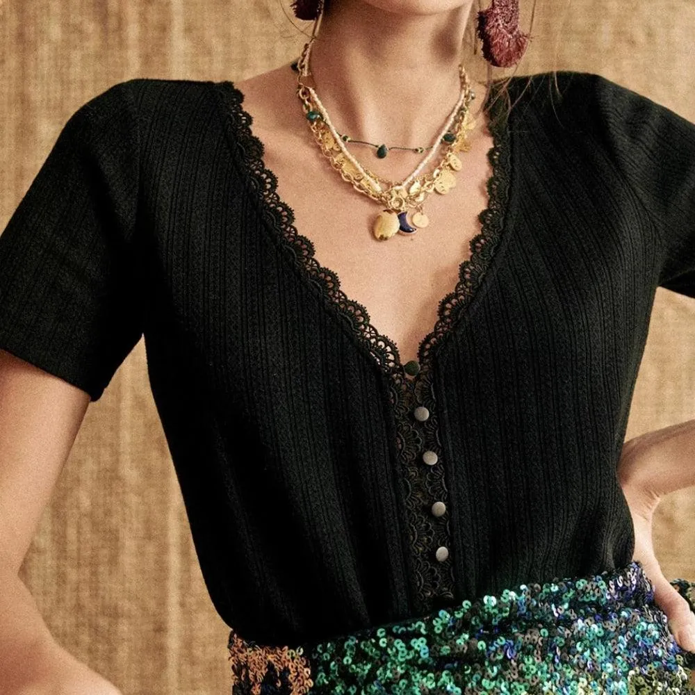 Retro Vintage Lace Patchwork Shirt, Women V Neck Short Sleeve Single Breasted Blouse