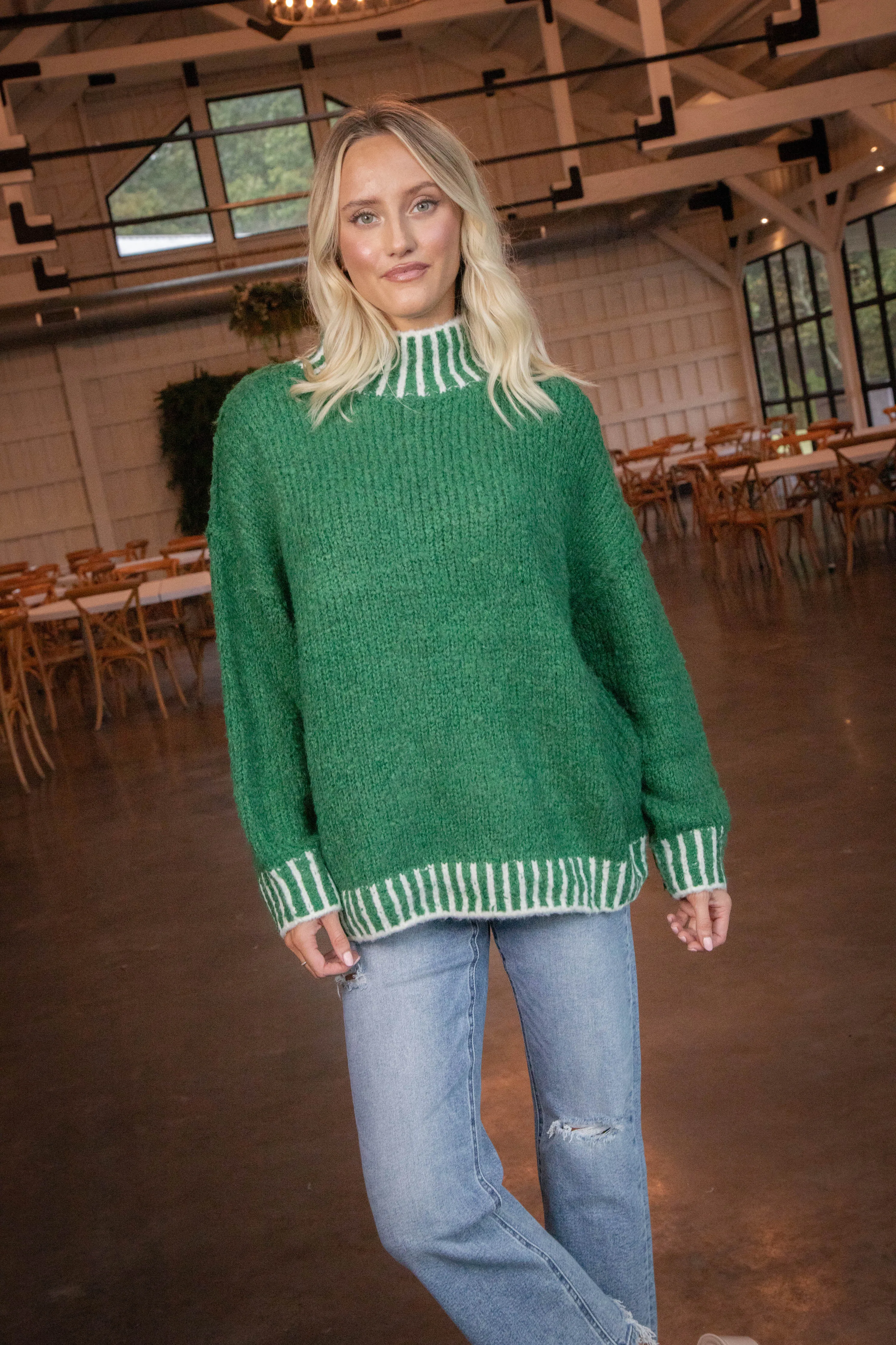 Sarina Contrast Stitched Sweater, Green