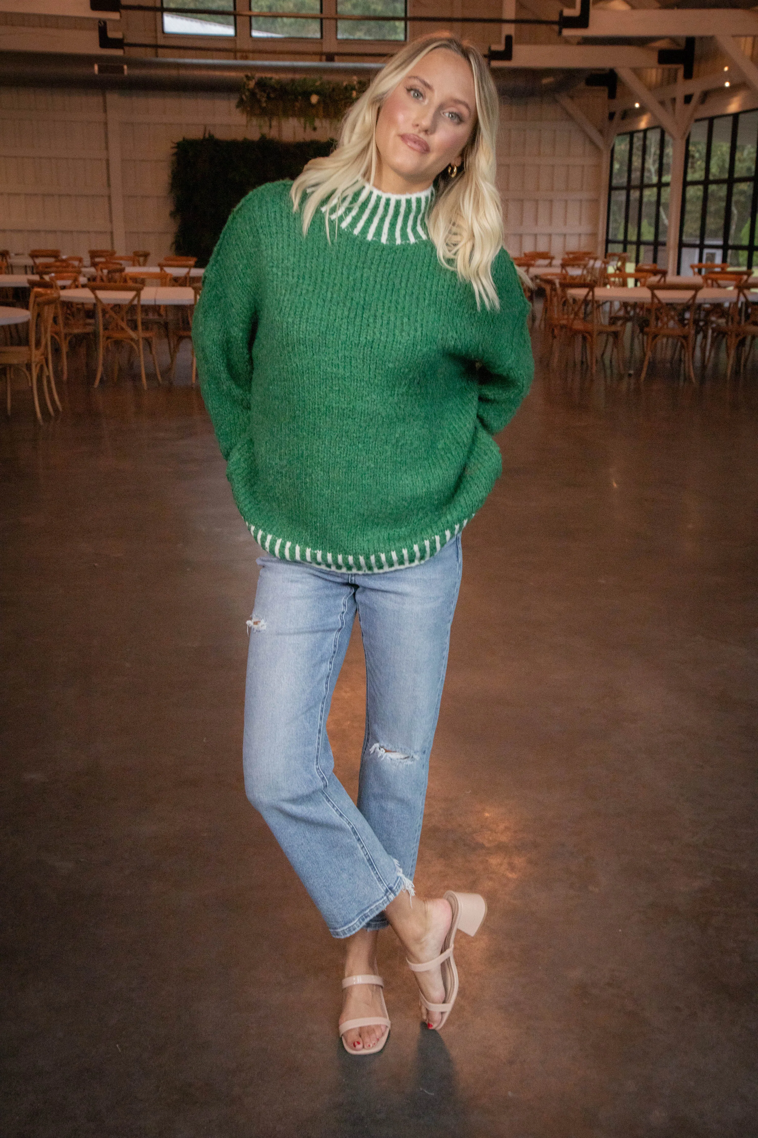 Sarina Contrast Stitched Sweater, Green
