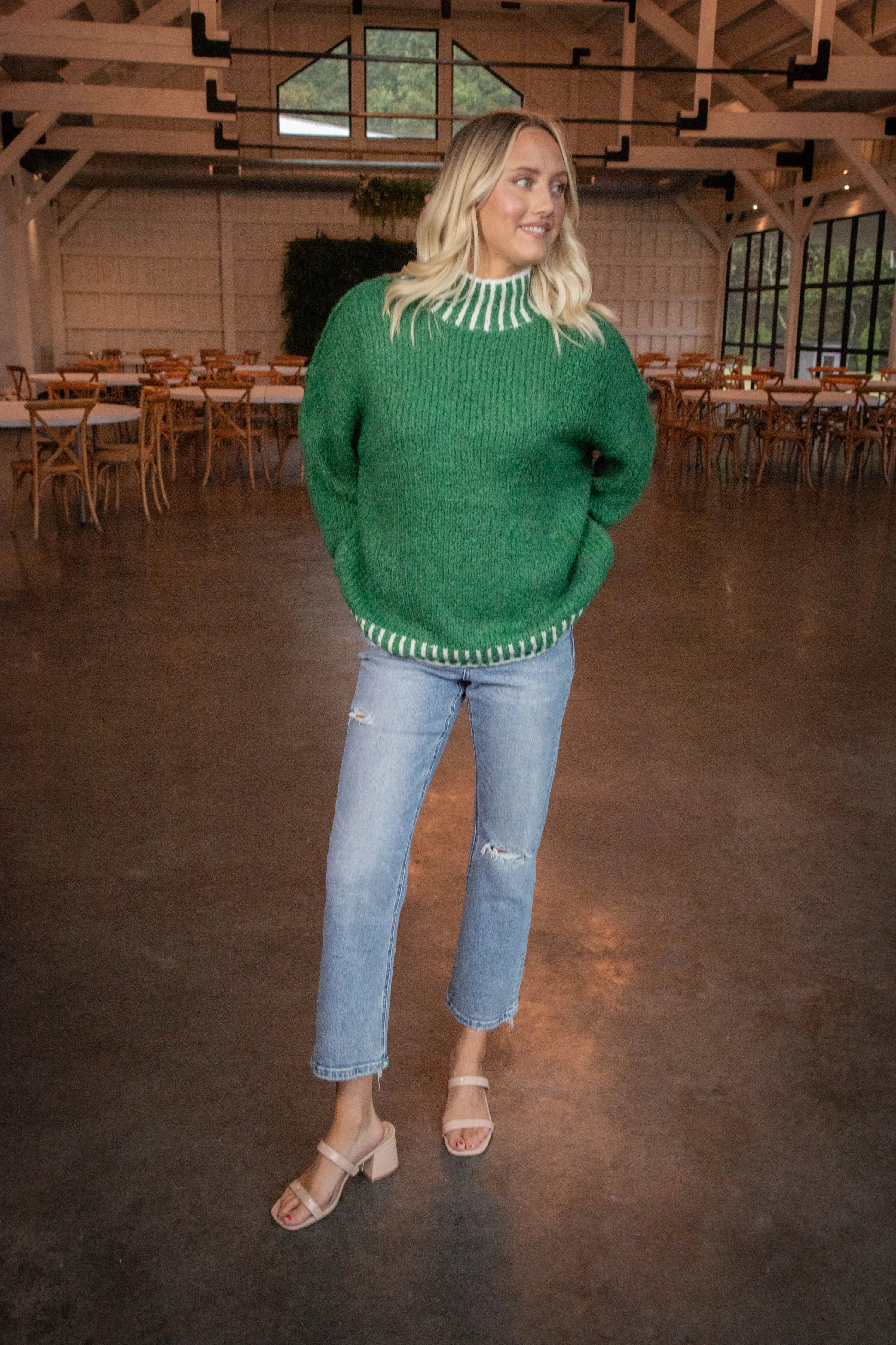 Sarina Contrast Stitched Sweater, Green