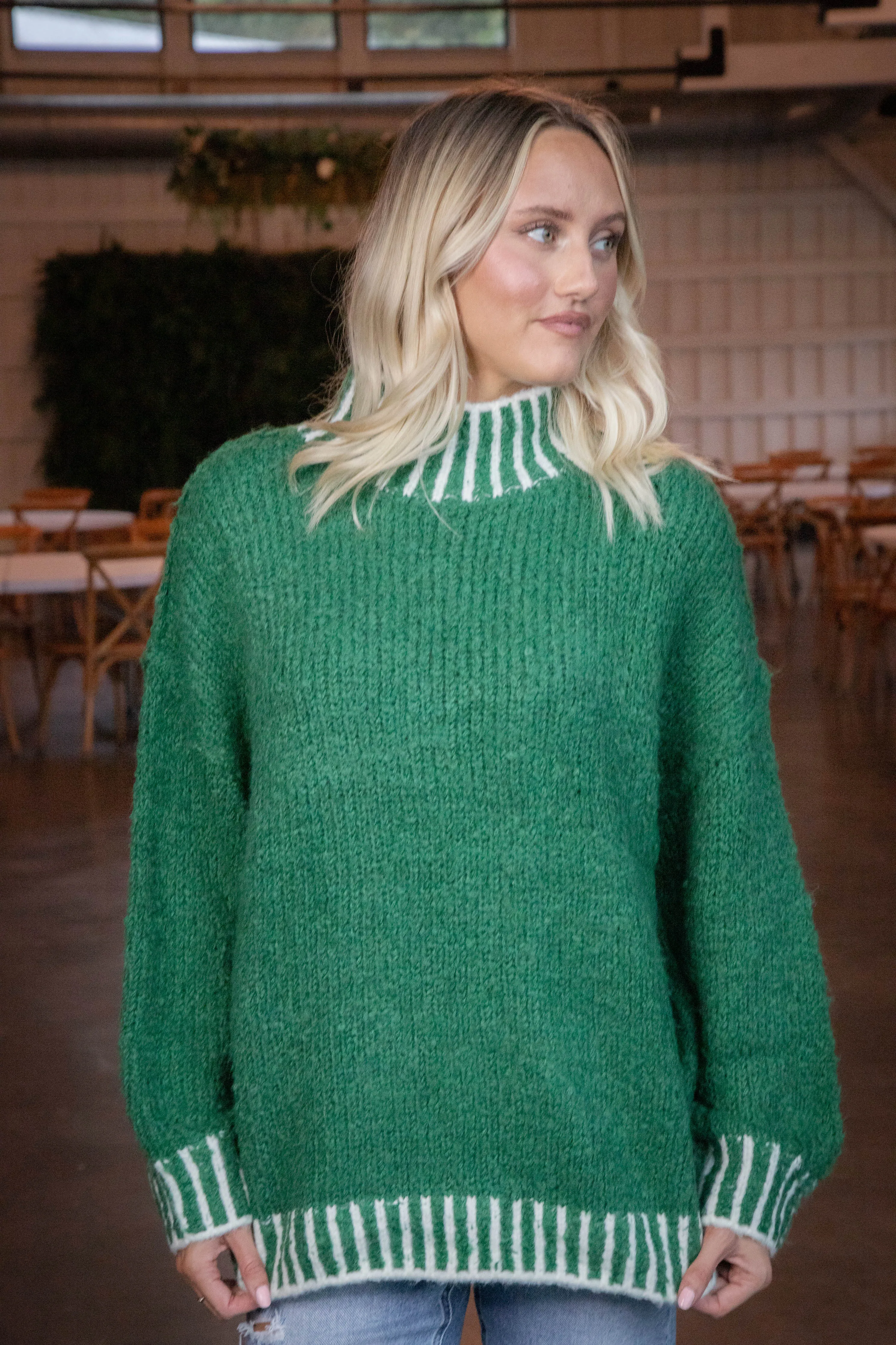 Sarina Contrast Stitched Sweater, Green