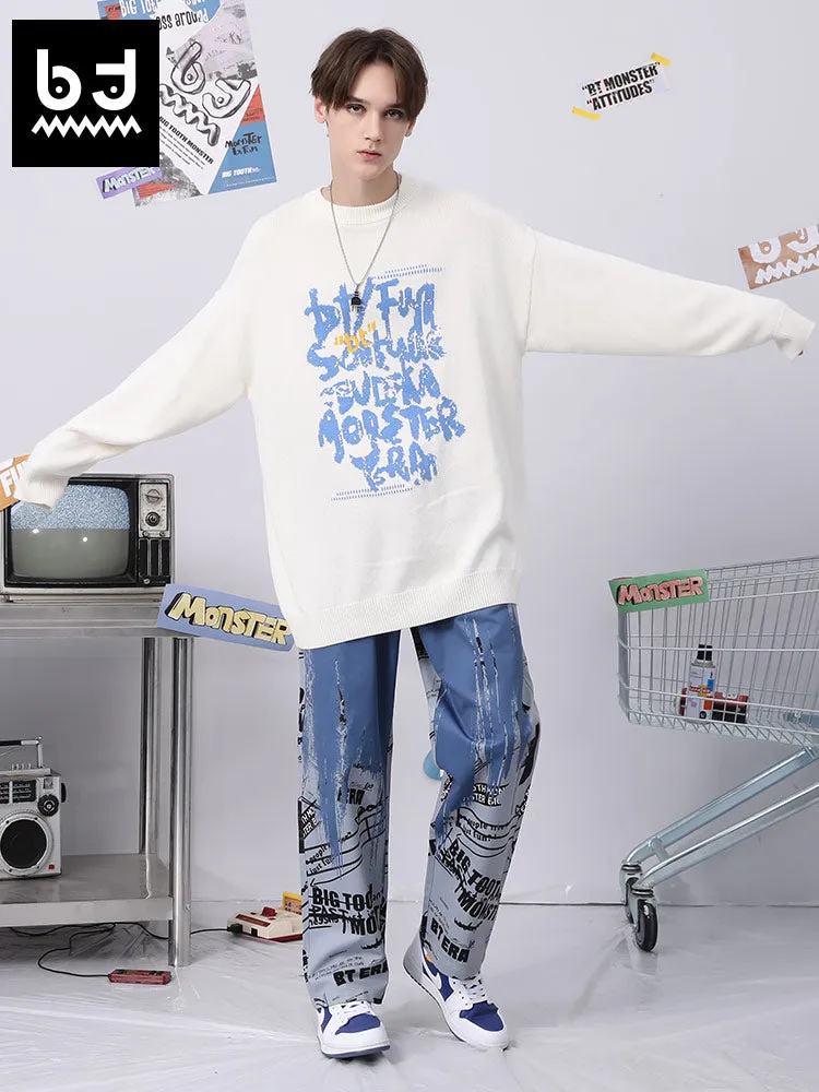 Simple style letter jacquard round neck sleeved solid color pullover sweater