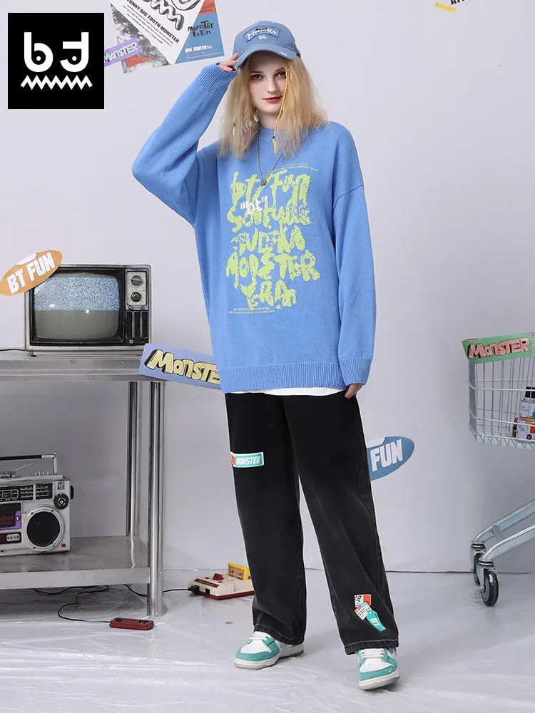 Simple style letter jacquard round neck sleeved solid color pullover sweater